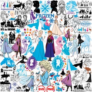 Puede incluir: Una colección de gráficos digitales con temática de Frozen. La imagen presenta varias ilustraciones de Elsa, Anna, Olaf y otros personajes. La paleta de colores incluye tonos de azul, morado y blanco. El texto incluye "Frozen", "Into the Unknown" y "#SquadGoals".