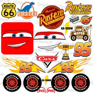 May include: A collection of cartoon car-themed graphics. Includes the Route 66 sign, a Dinoco logo, the Rust-eze bumper ointment logo, the number 95, and Lightning McQueen's face. Also features the text "KA-CHOW" and "Cars".