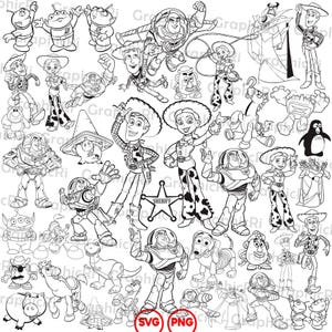 Puede incluir: Dibujo lineal en blanco y negro de varios personajes de Toy Story, incluyendo a Woody, Buzz Lightyear y Jessie. La imagen también incluye una placa de sheriff. La imagen está etiquetada con "SVG" y "PNG".