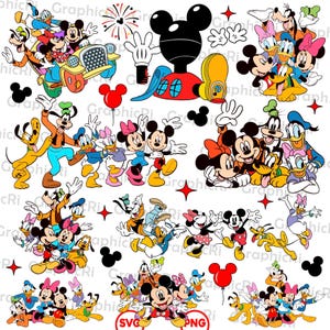 Puede incluir: Una colección de ilustraciones de personajes de dibujos animados, incluyendo Mickey Mouse, Minnie Mouse, Donald Duck, Daisy Duck, Goofy y Pluto. Los personajes se representan en varias poses, con un coche amarillo y un globo rojo. El texto "SVG" y "PNG" está presente.