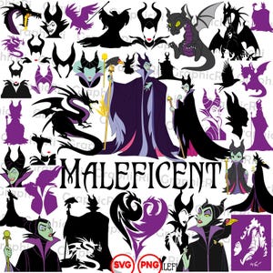 Puede incluir: Una colecci&oacute;n de gr&aacute;ficos tem&aacute;ticos de Mal&eacute;fica en negro y morado, que incluyen siluetas, retratos e ilustraciones de dragones. La palabra "Mal&eacute;fica" se muestra en letras grandes y estilizadas. La imagen incluye indicadores de tipo de archivo SVG y PNG.