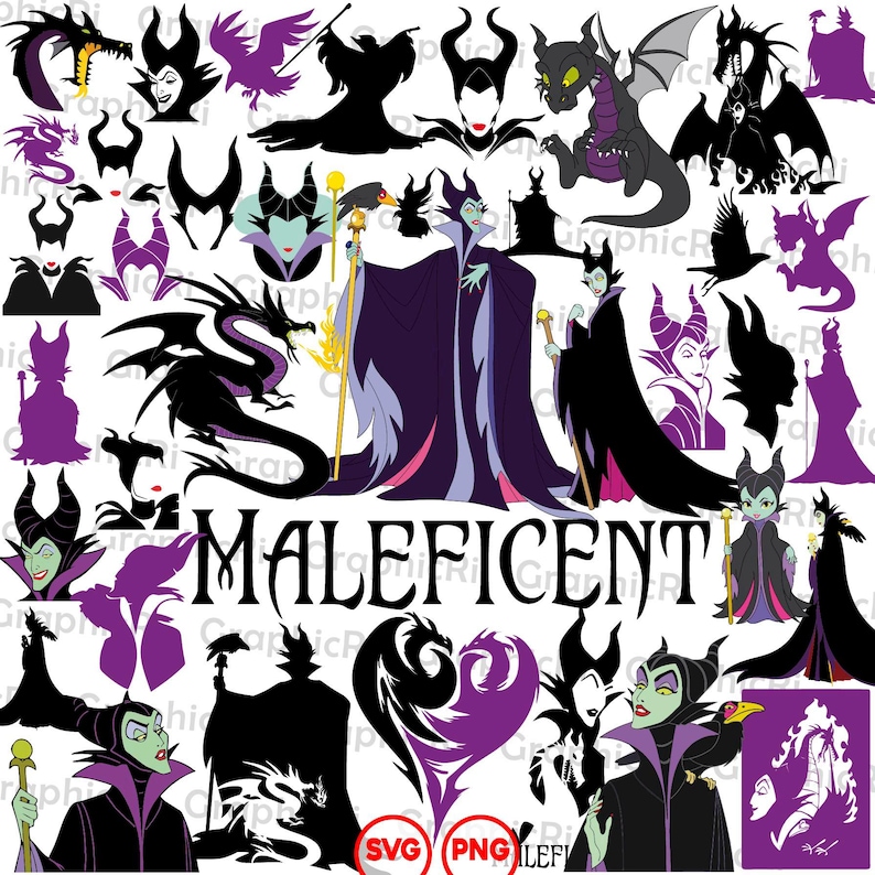 Puede incluir: Una colecci&oacute;n de gr&aacute;ficos tem&aacute;ticos de Mal&eacute;fica en negro y morado, que incluyen siluetas, retratos e ilustraciones de dragones. La palabra "Mal&eacute;fica" se muestra en letras grandes y estilizadas. La imagen incluye indicadores de tipo de archivo SVG y PNG.