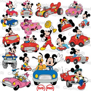 May include: A collection of cartoon illustrations featuring Mickey Mouse, Minnie Mouse, and other Disney characters in various cars and vehicles. The images include cars in red, blue, and pink, with the characters driving or riding in them. The image also includes the text "SVG PNG".