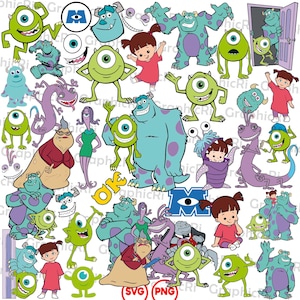 May include: A collection of cartoon characters from the movie Monsters, Inc. The image features Mike Wazowski, Sulley, Boo, and other monsters in various poses. The color palette includes shades of blue, green, purple, and pink. The image also includes the Monsters, Inc. logo.