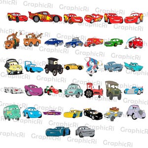 May include: A collection of cartoon car illustrations in various colors, including red, blue, yellow, and green. The cars have different designs, some with racing stripes and others with unique features. The image is a collection of vehicles.