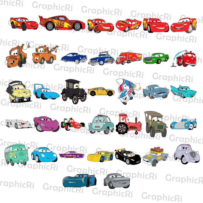 May include: A collection of cartoon car illustrations in various colors, including red, blue, yellow, and green. The cars have different designs, some with racing stripes and others with unique features. The image is a collection of vehicles.