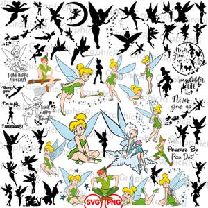 Puede incluir: Una colección de gráficos con temática de Campanilla y Peter Pan. La imagen incluye varias ilustraciones de hadas en diferentes poses, junto con siluetas y elementos de texto como "Think Happy Thoughts" y "Never Grow Up". La paleta de colores incluye verde, amarillo y azul.