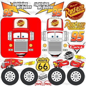 Puede incluir: Un conjunto de gráficos digitales inspirados en la película "Cars". Incluye imágenes de Rayo McQueen, el camión Mack y el letrero de la Ruta 66. La paleta de colores es principalmente roja, amarilla y negra, con texto.