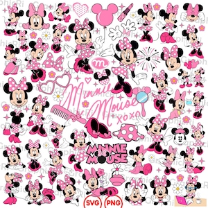 May include: A collection of pink Minnie Mouse graphics, including various poses, bows, and accessories. The design features the text "Minnie Mouse xoxo" and the words "SVG PNG". The images are in a cartoon style, with a white background.