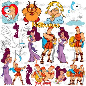 May include: A collection of colorful cartoon illustrations featuring characters from the animated film "Hercules." The images include Hercules, Megara, Hades, baby Hercules, Pegasus, and other characters. The word "Hercules" is written in gold letters.