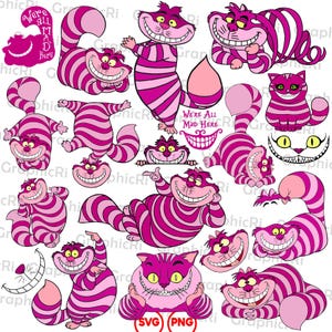 Puede incluir: Una colección de ilustraciones del Gato de Cheshire a rayas rosas y blancas en varias poses. La imagen incluye el texto "We're all mad here" y un gráfico de boca sonriente. Los ojos del gato son amarillos y la cola es rosa.