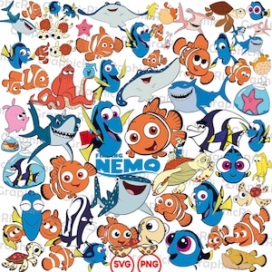 Puede incluir: Una colección de ilustraciones de dibujos animados con personajes de la película "Buscando a Nemo". La imagen incluye varios peces, tortugas marinas, tiburones y otras criaturas marinas en colores vibrantes. La frase "Finding Nemo" también es visible.
