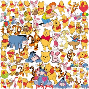 Puede incluir: Una colección de ilustraciones de dibujos animados con Winnie the Pooh, Piglet, Tigger, Eeyore y otros personajes. Las imágenes están en varias poses y entornos, con una mezcla de colores como el amarillo, el rojo y el azul.