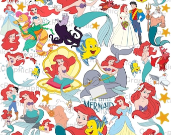 Pacchetto di immagini SVG e PNG di principesse sirene fantasy, design a tema marino, design per maglietta di compleanno a tema sottomarino, SVG per vacanze in famiglia con principesse dell'oceano.