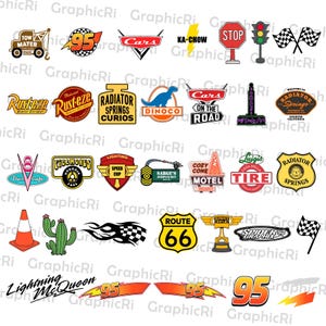 May include: A collection of colorful Cars movie-themed graphics, including logos, signs, and character emblems. Features the number 95, Route 66, and Lightning McQueen. Perfect for crafting and DIY projects.