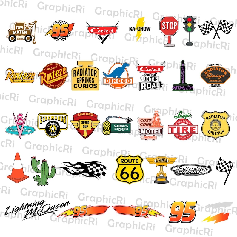 May include: A collection of colorful Cars movie-themed graphics, including logos, signs, and character emblems. Features the number 95, Route 66, and Lightning McQueen. Perfect for crafting and DIY projects.