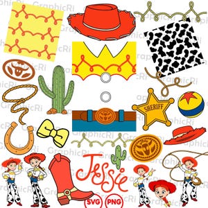Puede incluir: Una colección digital de gráficos con temática de personajes que incluye un sombrero de vaquero rojo, camisa amarilla con patrón de cuerda, estampado de vaca, cactus, lazo, herradura, estrella de sheriff, pelota, cinturón, bota roja y el nombre Jessie en letra cursiva roja.