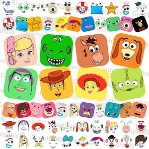May include: A collection of square and circular stickers featuring colorful cartoon character faces from the Toy Story franchise, including Woody, Buzz Lightyear, Jessie, Rex, Slinky Dog, and various other animated figures arranged in a grid pattern.