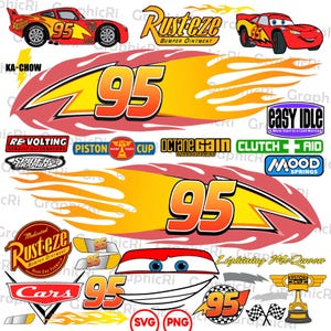 Op de afbeelding: Een verzameling cartoon autographics, waaronder Bliksem McQueen, vlammen en het nummer 95. Verschillende logo's en tekstelementen zoals "Rusteze", "Piston Cup" en "Ka-Chow" zijn ook aanwezig. De ontwerpen zijn in rood, geel en oranje.