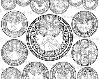 Pacchetto di contorni di mandala da principessa in formato SVG e PNG, design di principesse in stile line art, vacanze in famiglia in formato SVG, compleanno in famiglia, file di taglio SVG di arte Zentangle da principessa