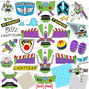 May include: A collection of Buzz Lightyear themed digital graphics featuring the character in various poses, his space suit components, wings, control panels, a rocket, a ball, and text elements including Space Rangers and Buzz Lightyear.