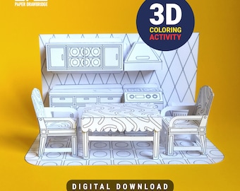 3D Coloring model | Kitchen Set | Paper Craft Printable Kit | Activity for Children Dollhouse
