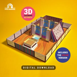 Puede incluir: Un modelo de papel en 3D de una estructura de tabernáculo antiguo con un altar central, un lavabo y paneles de pared azules con motivos de alas doradas. El conjunto incluye el texto Paper Drawbridge, 3D Coloring Activity, Includes the Color Version y Digital Download.