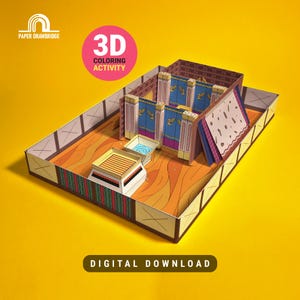 Puede incluir: Maqueta de actividad de colorear en 3D de un interior de edificio, con paredes, columnas y elementos decorativos. El modelo es de papel y tiene un diseño detallado con varios colores. El texto "3D COLORING ACTIVITY" es visible. Las palabras "DESCARGA DIGITAL" también son visibles.