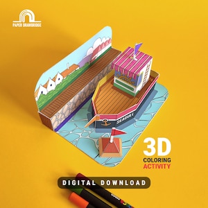 May include: A 3D paper craft coloring activity featuring a boat labeled "Seagull" with a red and white striped cabin, a pier, and a small building with a red flag. The words "3D COLORING ACTIVITY" and "DIGITAL DOWNLOAD" are also visible.