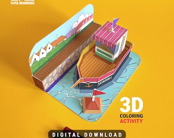 Modèle à colorier 3D | Kit imprimable DIY | Bateau de pêche aux mouettes | Activité pour enfants