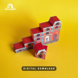 May include: A paper model of a building with a red roof and numbered arches. The model is on a yellow background. The text "DIGITAL DOWNLOAD" is at the bottom.