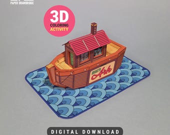 Modèle d'artisanat en papier 3D Arche de Noé | Activité de coloriage d'histoires bibliques à imprimer pour les enfants