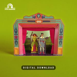 Könnte beinhalten: Eine farbenfrohe Papiertheaterbühne mit rotem Vorhang und zwei Papierfiguren in historischen Kostümen. Die Bühne ist in Türkis und Rosa gehalten, mit dem Wort "THEATRE" darüber. Am unteren Rand steht "DIGITAL DOWNLOAD".