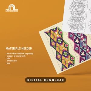K&ouml;nnte beinhalten: Digitaler Download mit farbenfrohen geometrischen Mustern. Das Bild zeigt ein Design mit sich wiederholenden Formen in Lila, Gr&uuml;n, Gelb und Rosa. Der Text auf dem Bild listet die ben&ouml;tigten Materialien auf, darunter Karton, Schere, Lineal, Falzwerkzeug und Kleber.