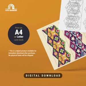 K&ouml;nnte beinhalten: Digitaler Download mit gemusterten Papierauschnitten mit geometrischen Designs in Lila, Gelb, Gr&uuml;n und Rosa. Das Bild enth&auml;lt den Text "Print on A4 or Letter card stock" und "DIGITAL DOWNLOAD."