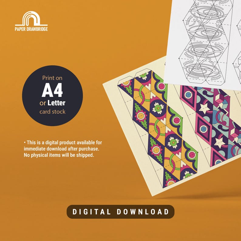 K&ouml;nnte beinhalten: Digitaler Download mit gemusterten Papierauschnitten mit geometrischen Designs in Lila, Gelb, Gr&uuml;n und Rosa. Das Bild enth&auml;lt den Text "Print on A4 or Letter card stock" und "DIGITAL DOWNLOAD."