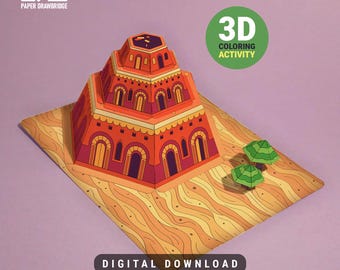 Créations 3D en papier de la Tour de Babel | Diorama à colorier imprimable pour enfants | Projet d'histoires bibliques