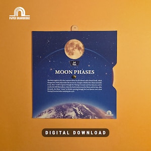 May include: A blue card with a full moon illustration and the words "MOON PHASES." The card includes text describing the lunar cycle and the phases of the moon. The words "DIGITAL DOWNLOAD" are at the bottom.