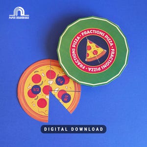 May include: A pizza fraction learning tool with a pizza cut into fractions, including 1/2, 1/4, and 1/8. The set includes a pizza box with the words "FRACTIONS PIZZA" and a slice of pizza. The words "DIGITAL DOWNLOAD" are at the bottom.