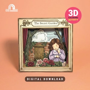 以下が含まれることがあります： 「秘密の花園」のシーンを描いた3Dぬりえ。紫色のドレスを着た少女、レンガの壁、木のドア、バラが描かれています。画像はフレームに入っており、「デジタルダウンロード」というテキストが含まれています。