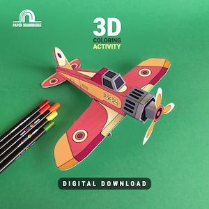 May include: A 3D colouring activity featuring a paper aeroplane with red, orange, and yellow accents. The plane has the number 332 on its side. The image includes coloured pencils and the text "DIGITAL DOWNLOAD".