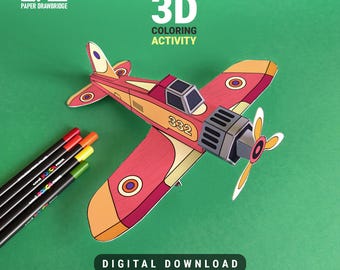 Modèle à colorier 3D | Miniature d'avion |  Kit imprimable DIY | Activité pour enfants | Gabarit de découpe, de pliage et de collage de papier