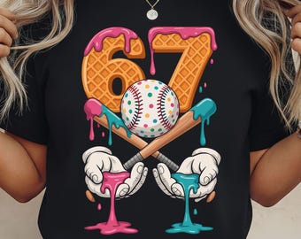 67 Ice Cream Drip Baseball Png, Drip Ice Cream 67 Baseball, Number 67 Player Png, Six Seven Meme Png, Baseball Number Png, 67 Trend GenZ Png