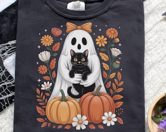 Retro Halloween Ghost with Black Cat PNG, Spooky Floral (Digital Download)
