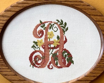 Vintage Oval Decorative Monogram Letter “A” Cross Stitch, Finished and Framed