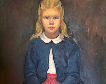 Vintage Original School Girl Portrait Oil Painting, 28” x 36”