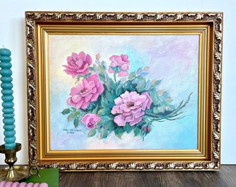 Vintage Original Floral Oil Painting, Bright Pink Flowers, Signed and Framed