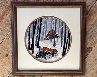 Vintage Snowy Winter Landscape Long Stitch Embroidery, Finished and Framed