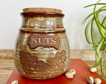 Handmade Studio Pottery Nut Canister Jar with Cork Lid Kitchen Decor