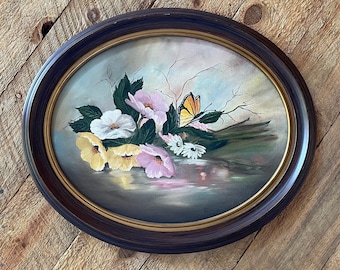 Vintage Oval Floral Poppies and Butterfly Oil Painting, Signed and Framed